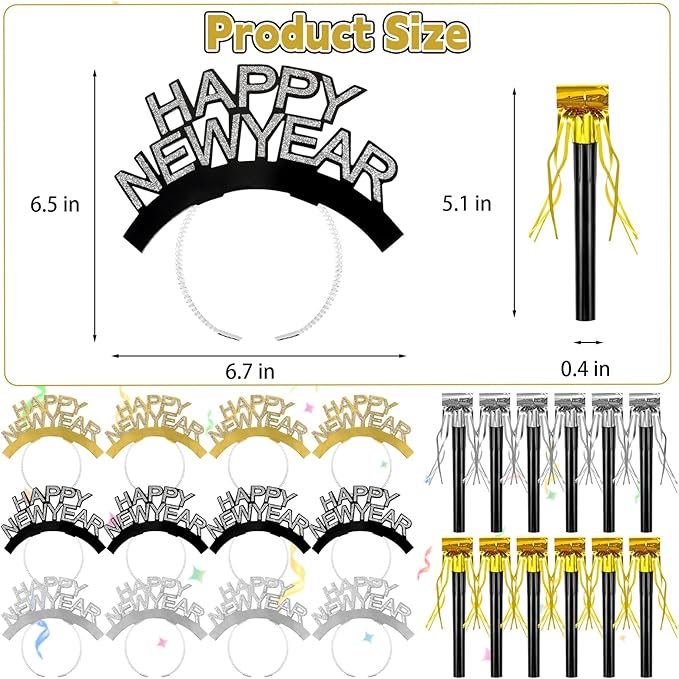 Openfly New Years Eve Party Supplies 2026 Happy New Year Headband Tiara New Year Fringed Noise Makers Party Favors