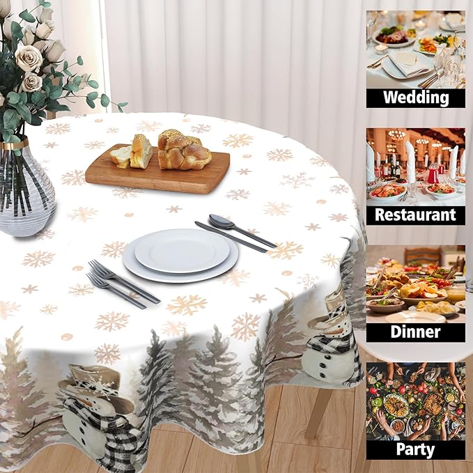 Christmas Round Tablecloth 70 Inch Xmas Snowman and Snowflake Pattern Circle Table Cloth Gold Table Cover Winter Washable Polyester Decor for Home Kitchen Dinning Party