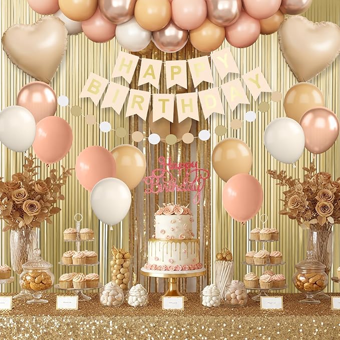 Beige Birthday Decorations,Happy Birthday Banner with Cream Nude Champagne Gold Balloon Heart Foil Balloons Fringe Curtain for Women Men Boho Baby Shower Party Decor