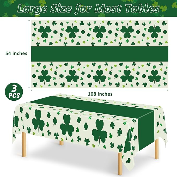 QZYL 3 Pack St Patricks Day Decorations, 108" X 54" St Patricks Day Tablecloth, Disposable Plastic Shamrock Green Tablecloths Grass Table Cover, Irish Holiday Table Cloth for Shamrock Party Supplies