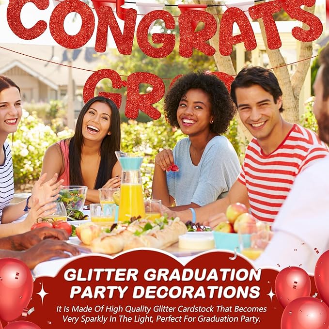 Fulmoon Pre Strung Congrats Grad Banner Glitter Congratulations Banner College Graduation Sign Class of 2026 Grad Party Decorations for High School University Graduation Party Favor(Red)