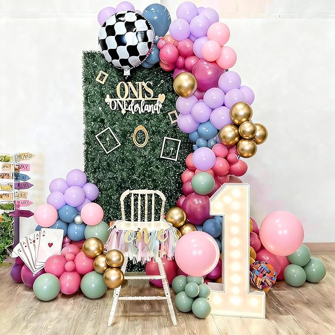 Pink Blue Green Balloons Garland Arch Kit, 125Pcs Pastel Pink Blue Purple Balloons, Dusty Green Hot Pink Gold Balloon Checkered Foil Balloon for Princess Fairy Birthday Spring Garden Tea Party Decor