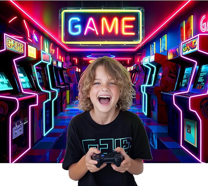 Imirell Arcade Game Neon Backdrop 8Wx6H Feet Retro Gaming Gamer Themed Colorful Video Game Room Playroom Cool Modern Polyester Fabric Boys Photography Backgrounds Photo Shoot Decor Props Decoration