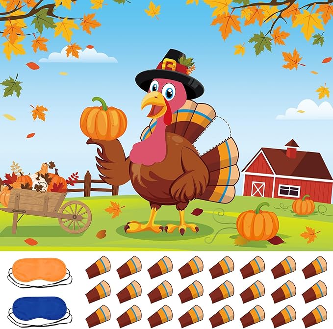 Pin The Tail on The Turkey Party Game with 24 PCS Tails for Kids Thanksgiving Fall Family School Games Activities