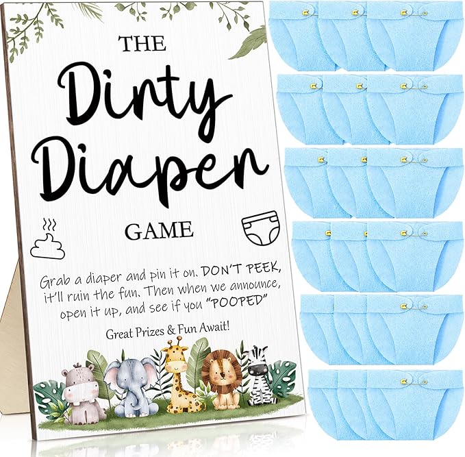 Roowest 51 Pcs Dirty Diaper Baby Shower Games Funny Wooden Sign with 50 Pcs Mini Diapers Cute Felt for Gender Reveal Party Baby Shower(Animals Blue)
