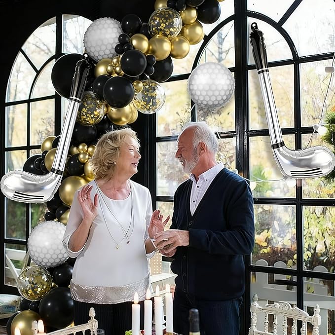 Hole in One Balloon Garland Arch Kit - 146 Pcs Black, Gold & Confetti Balloons with Golf Cart & Ball Foil Balloons for Golf Themed Retirement, Birthday, Country Club, New Year Events