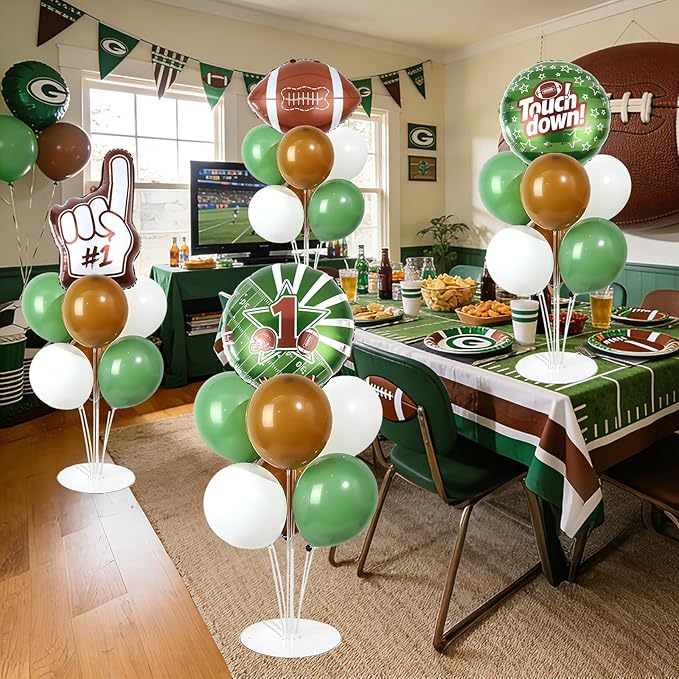 4 Sets Football Party Balloons Stand Kit with Football Shaped Count Touchdown Foil Balloons Party Balloon Centerpiece for Tables for Tailgate Game Day Birthday Sports Event Rugby Themed Decorations