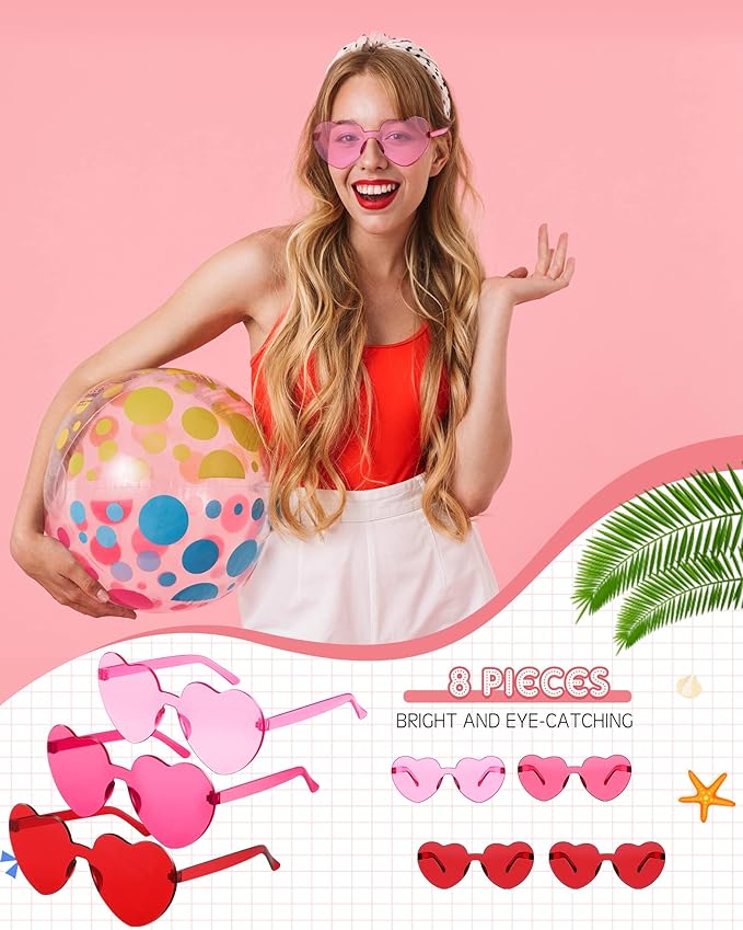 Frienda 8 Pairs Heart Shaped Sunglasses for Women Rimless Heart Glasses Candy Color Sunglasses for Party Favor