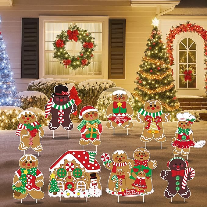 10 Pack Gingerbread Christmas Decorations, Christmas Gingerbread Man Yard Signs - Outdoor Lawn Decorations with Stakes, Holiday Pathway Markers for Garden, Patio, Xmas Party Decor