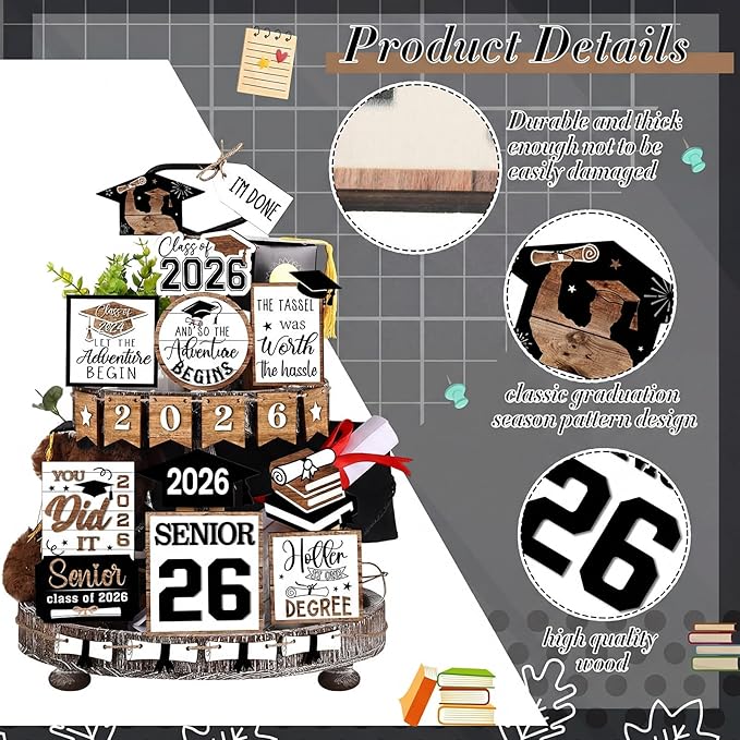 22 Pcs 2026 Graduation Tiered Tray Decor Sets Wooden Graduation Class of 2026 Table Decorations Senior 2026 Gown Diploma Farmhouse Signs for Home Shelf Party Office Desk(Black, White)