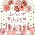 Amandir Dusty Pink Girl Baby Shower Decorations Welcome Baby Banner, Cake Topper, Paper Lanterns, Gold Balloons Pom Poms Flowers Tassels, Circle Dots Star Garland Gender Reveal Birthday Party Supplies