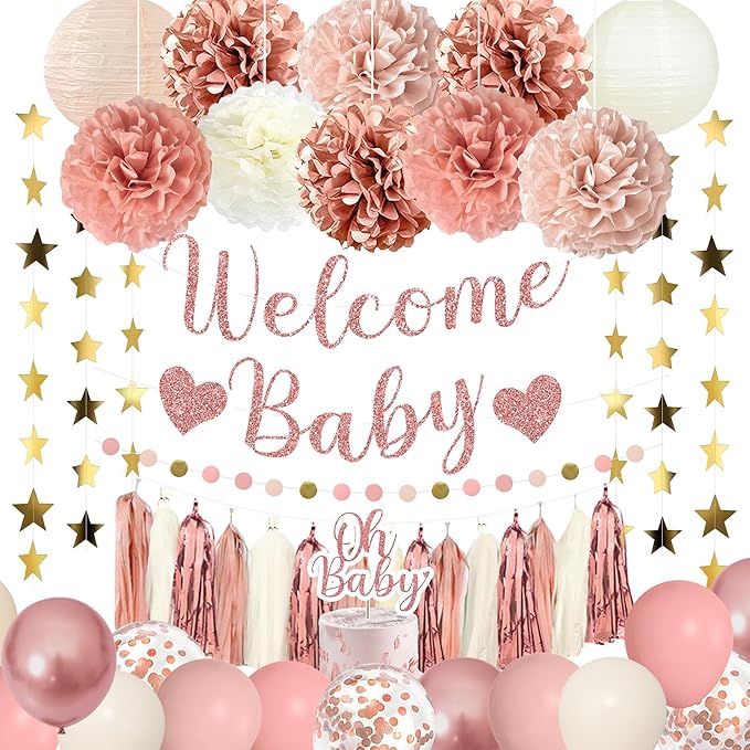 Amandir Dusty Pink Girl Baby Shower Decorations Welcome Baby Banner, Cake Topper, Paper Lanterns, Gold Balloons Pom Poms Flowers Tassels, Circle Dots Star Garland Gender Reveal Birthday Party Supplies