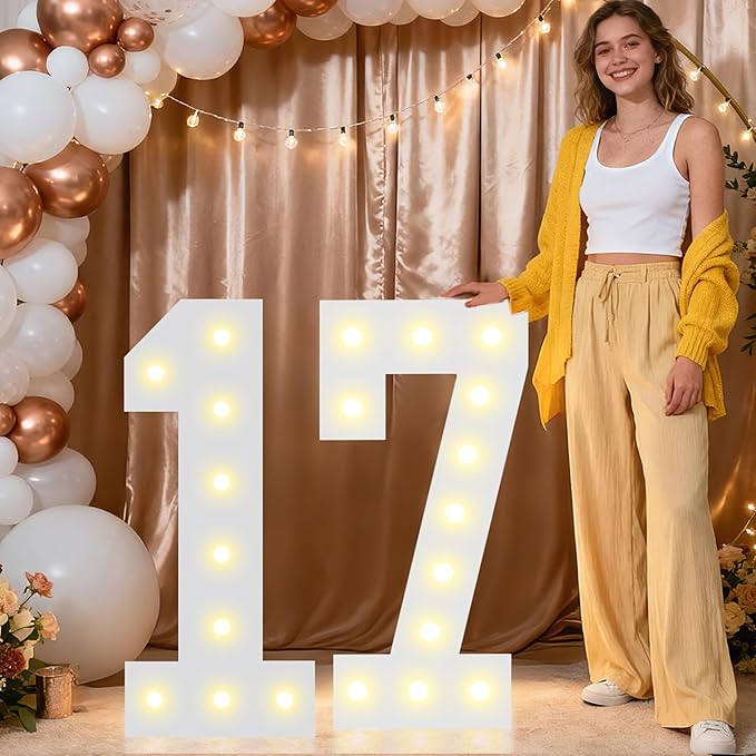 Pooqla 2.4FT Light Up Numbers for 17 Year Old Boy Girl Gifts, Marquee Numbers 2.4 Feet Tall Party Decor for Her Him, Mosaic Big Sign for 17th Birthday Decoration Backdrop, Warm White Large Number 17