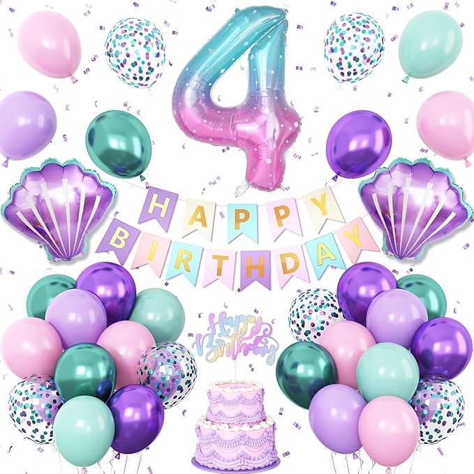 4th Mermaid Birthday Decoration for Girls,Pink Purple Green 4th Birthday Balloon Number 4 Seashell Foil Balloons Banner Mermaid Sea Party Decor Supplies for 4 Year Old