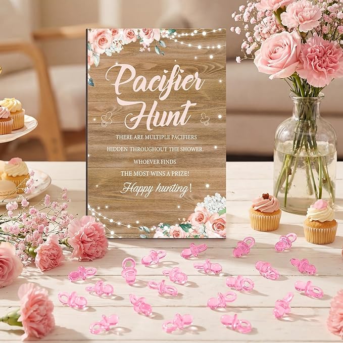 Thyle 51 Pcs Pink Rose Baby Shower Game Floral Pacifier Hunt Sign and 50 Acrylic Pacifiers for Pink Rose Baby Shower Decorations Floral Sweet Gender Reveal Table Centerpiece Pregnancy Party Supplies