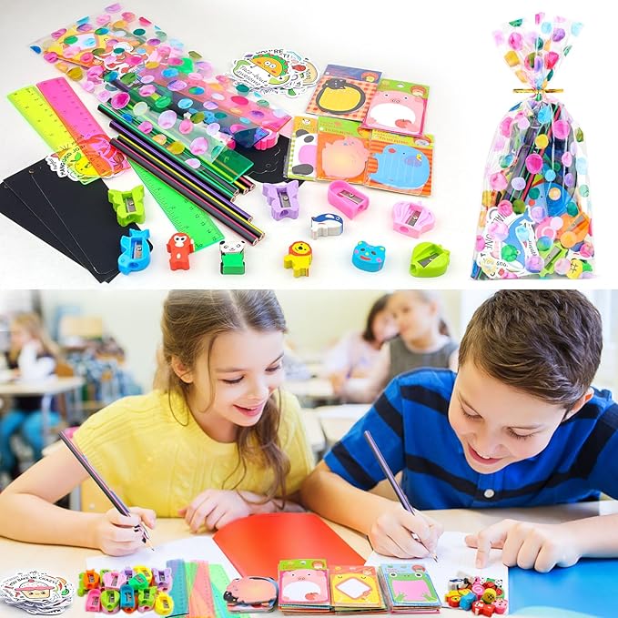 Stationery Party Favors, 24 Pack Birthday Goodie Bags for Kids with Pencils Rulers Sticky Notes Return Gifts Easter Stuffers Classroom Gifts Student Class