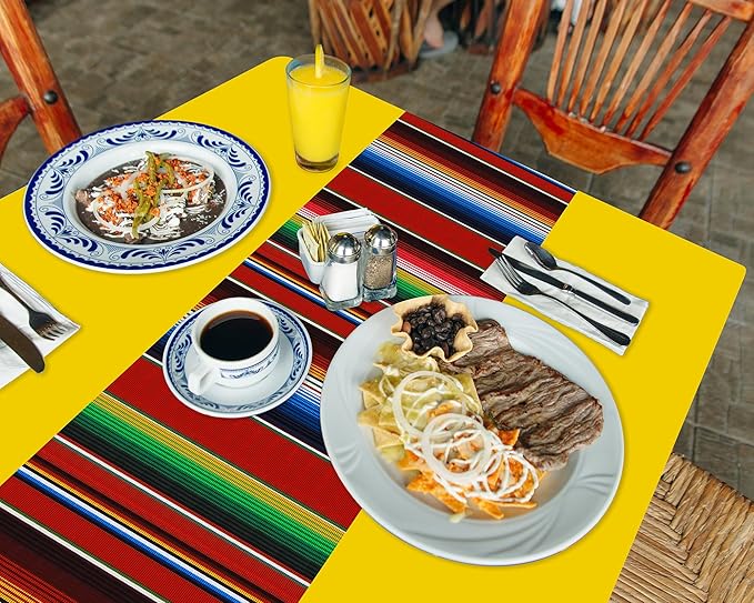 Oudain 6 Pcs Fiesta Tablecloth 108 x 54 Inch Plastic Tablecover Waterproof Mexican Tablecloth Mexican Striped Table Cover for Taco Night Festive Fiesta Wedding (Bright Color)