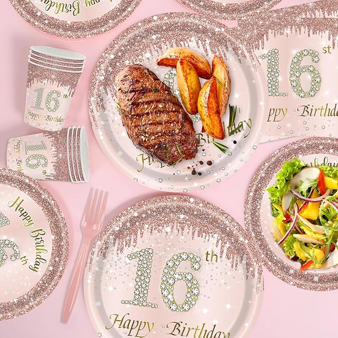 121Pcs 16th Birthday Party Supplies Plates Napkins Cups Forks Tablecloth Rose Gold Happy 16th Birthday Themed Disposable Tableware Decorations Serves 24 Guests for Girls 16 Years