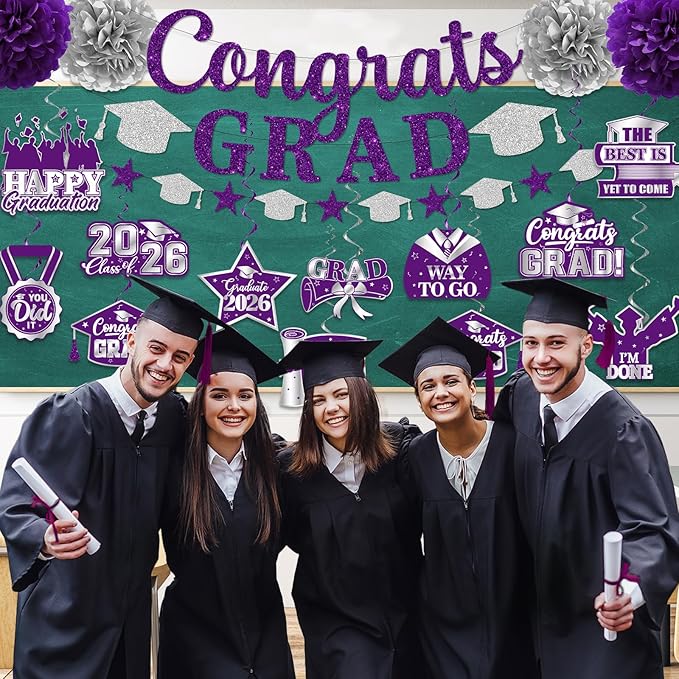 Purple Graduation Decorations, Glitter Congrats Grad Banner Hanging Swirls and Tissue Pom Poms, Purple and Silver Graduation Decorations for Class of 2026 College Graduations Party Decorations
