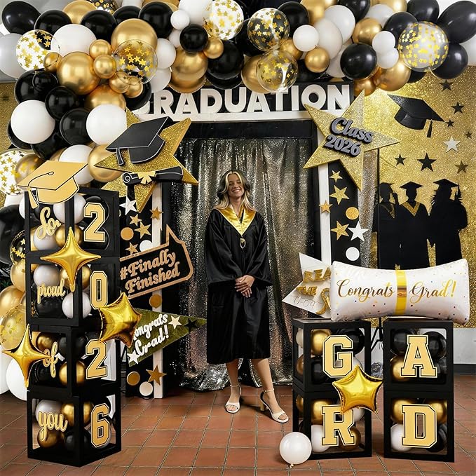 Black and Gold Graduation Decorations Balloons Boxes Arch with Letters 2026 GRAD So Proud of You Gold and Black Congratulations Grad Party Decoration 2026 Gold Confetti Balloon Star Foil Balloons