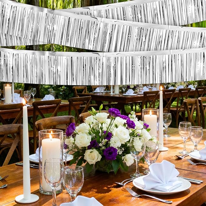 4 Packs Foil Fringe Garland Tinsel Streamers Shiny Wall Hanging Birthday Banner Backdrop for Graduation Wedding Anniversary Celebration Happy Birthday Party Decorations Silver