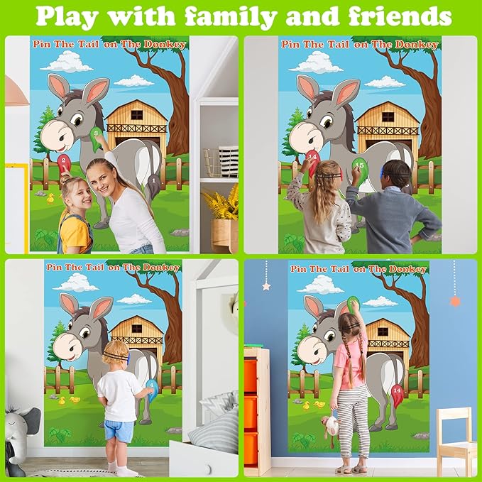 PLULON Pin The Tail on The Donkey Party Game for Kids, Donkey Themed Animal Birthday Party Games Donkey Poster with Tail Stickers for Kids Farm Animal Donkey Party Favors Home Wall Decorations