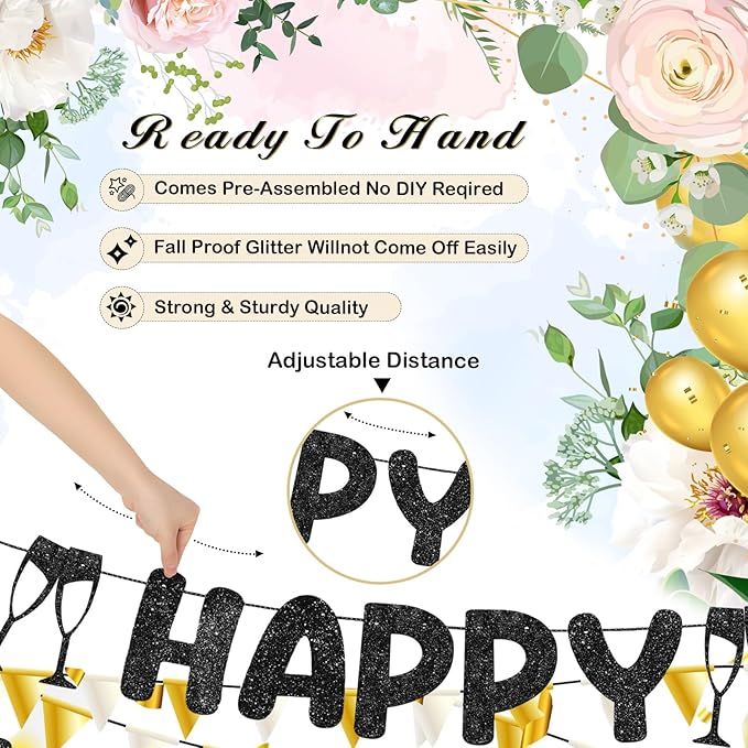 Breling Pre Strung Happy Engagement Banner Glitter Engagement Party Decorations for Congratulations Engaged Wedding Shower Signs Decor(Black)