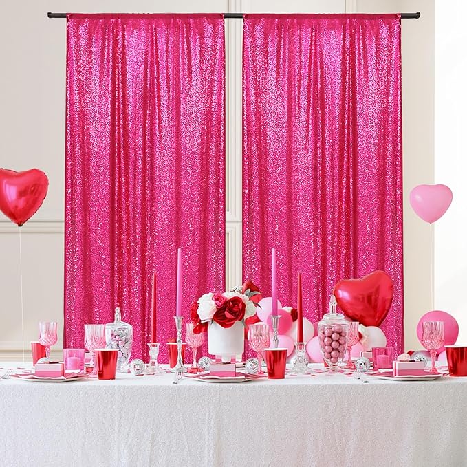 PartyDelight Hot Pink Sequin Backdrop 5x10ft 2 Panels - High Density 3mm Shimmer Sequin Background with 4-Inch Rod Pocket, Sparkly Photography Curtain for Wedding, Stage & Event Decor