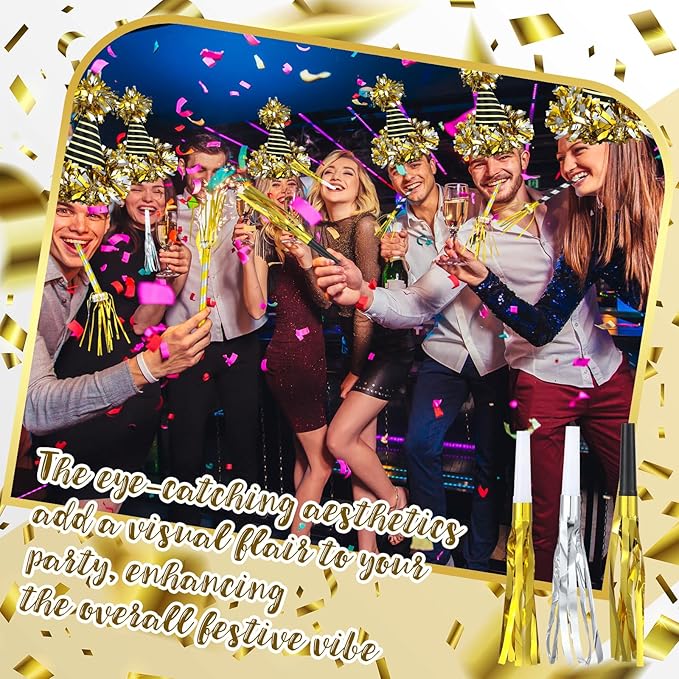 Lenwen 36 Pcs 2026 New Years Eve Party Supplies Including 12 New Year Cone Hats 24 Noise Makers Horns Blowouts Tassel Squawkers Blowers for Eve Party Decoration
