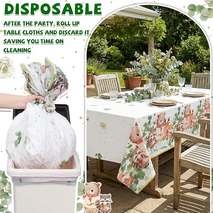 3 Pack Plastic Safari Baby Shower Tablecloth, 54 x 108 Inch Disposable Woodland Forest Animal Neutral Gender Reveal Party Eucalyptus Leaves Table Cover for Forest Birthday Friendship Party Decor