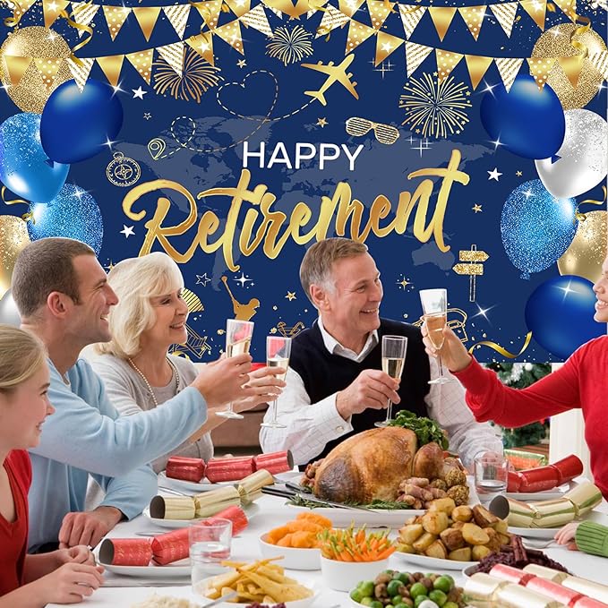 Mocsicka Retirement Party Decorations Blue and Gold Happy Retirement Backdrop Banner Retired Party Decorations Photo Booth Props (Blue Gold, 180x110cm)