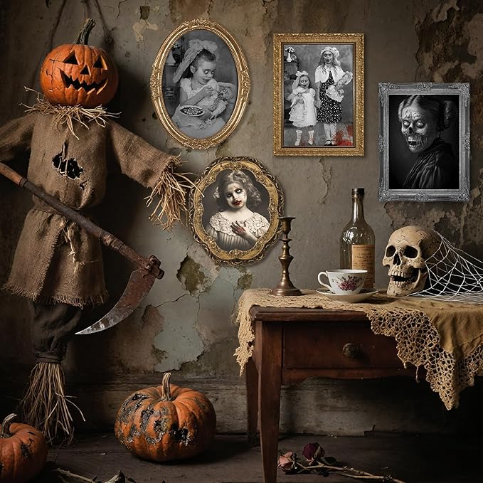 Scary Halloween Party Decoration Indoor Home Wall Decor, 3D Changing Face Moving Picture Portrait Frame, for Horror Spooky Party Supplies Castle Haunted House Decor(Style C, 6 Pieces)