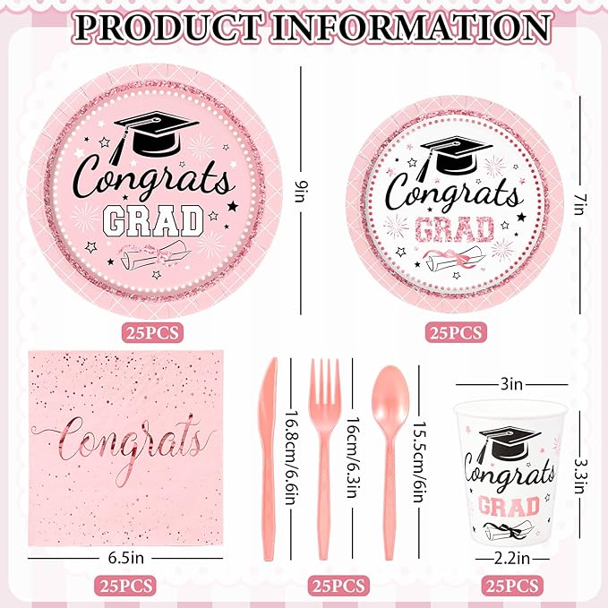 Whaline 175 Pcs Graduation Paper Plates and Napkins Set Dinnerware Pink Congrats Grad Disposable Tableware Cups and Cutlery for 25 Guests Graduates Party Supplies