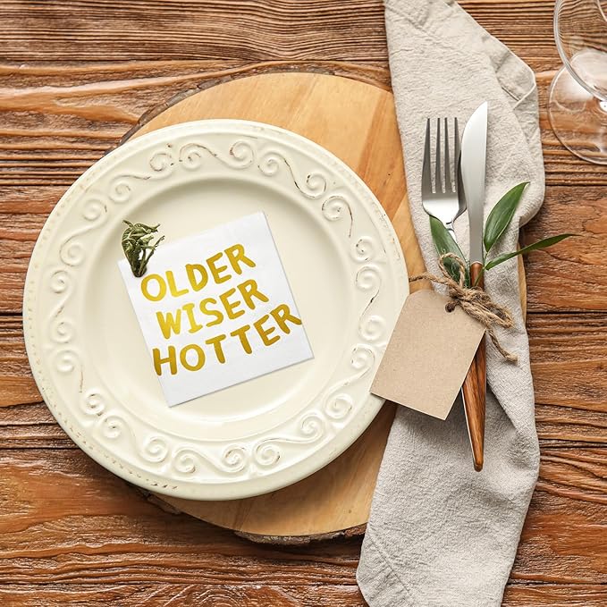 LeZakaa 25Pcs Birthday Paper Napkin, 3-Ply Gold Foil "Older Wiser Hotter" Cocktail Beverage Bar Square Disposable Napkins Guest Paper Hand Towels, Retirement Anniversary, Bachelorette Party, 5 x 5 In