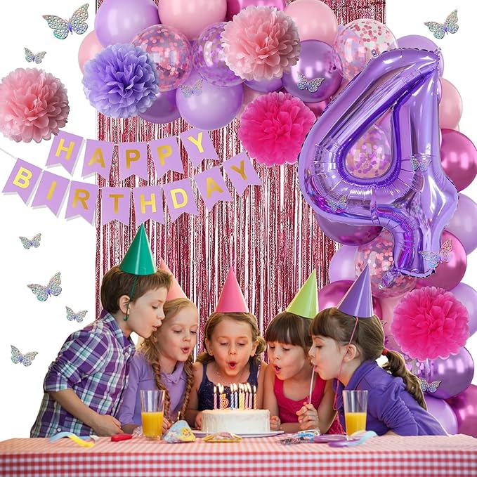 Pink Purple 4th Birthday Party Decorations for Girls Number 4 Balloon Happy Birthday Banner Butterfly Stickers Fringe Curtain Paper Pom Poms Metallic Hot Pink Star Foil Balloons 4 Year Old Princess