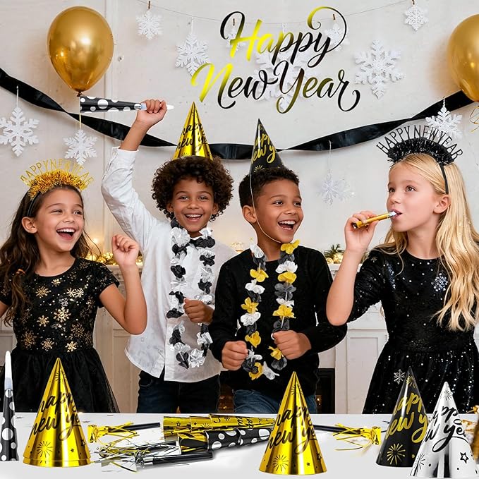 Atonofun 2026 New Years Eve Party Supplies for 20 Guests, 48 Pcs New Year Eve Party Hats and Horns, Headband, Tattoos, Blowouts, Leis 2026 New Year Party Favors