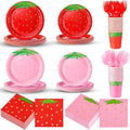 200 Pieces Strawberry Party Tableware Set Strawberry Plates Napkins Forks Cups Party Supplies Sweet Red Pink Baby Shower Birthday Decoration for Guests