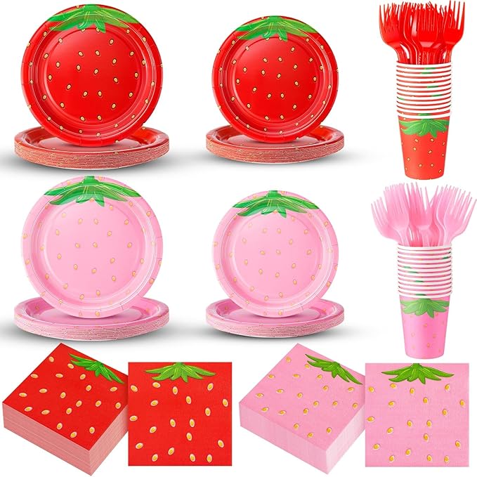 200 Pieces Strawberry Party Tableware Set Strawberry Plates Napkins Forks Cups Party Supplies Sweet Red Pink Baby Shower Birthday Decoration for Guests