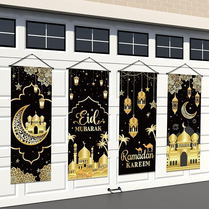 Panelee 4 Pcs Ramadan Mubarak Porch Sign Banners Black Gold Eid Mubarak Decorations Muslim Ramadan Kareem Door Banner Backdrop for Home Doorway Indoor Outdoor Wall Hanging Decor