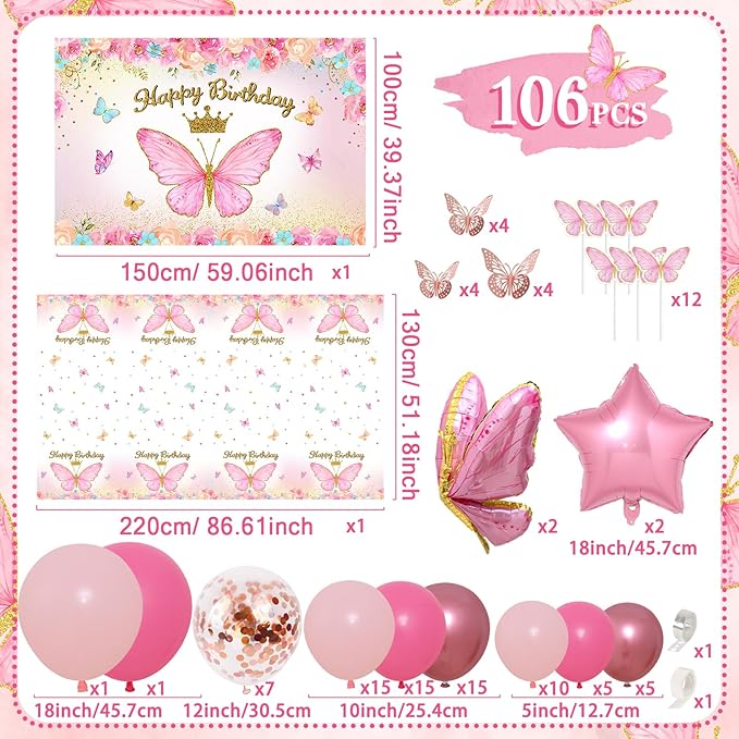 Pink Balloon Arch Kit with Foil Butterfly Balloons, Happy Birthday Backdrop & Tablecloth Decorations for Girl's Party - 106 Supplies