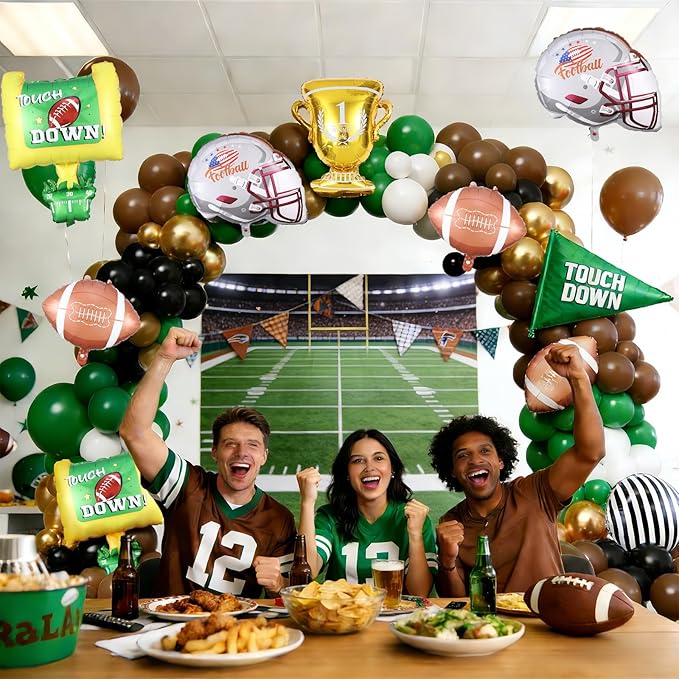 Football Balloon Arch Kit,135Pcs Green Brown Black Balloon Garland with Football,Helmet,Field Goal Post,Trophy Foil Balloons for Sports Rugby Birthday Big Game Touch Down Tailgate Party Decoration