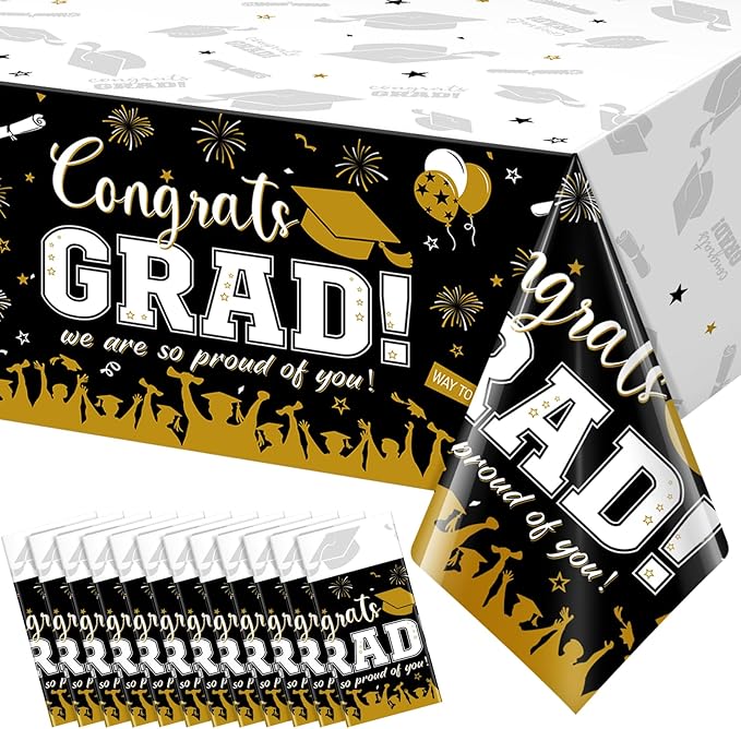 12Pack Graduation Tablecloth Party Decorations, Class of 2026 Congrats Grad Plastic Tablecover Party Supplies, Black and Gold Rectangle Graduation Table Decor for College High School Party, 54x108Inch