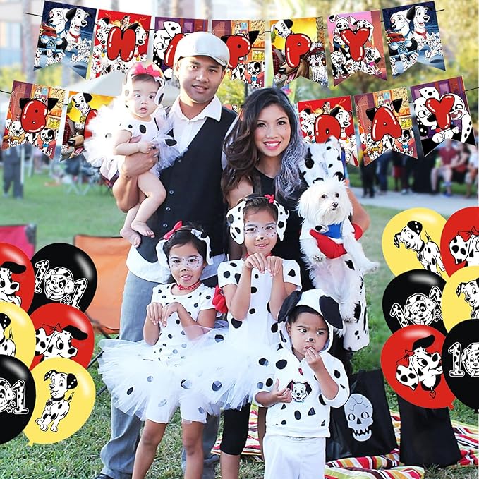 101 Dogs Birthday Party Supplies: Cake Caps, Cupcake Caps, Flags, Latex Balloons - Red, Black, White - Dog Themed - Includes 12 Cupcake Toppers, 1 Big Cake Topper, Banner, 18" Balloons