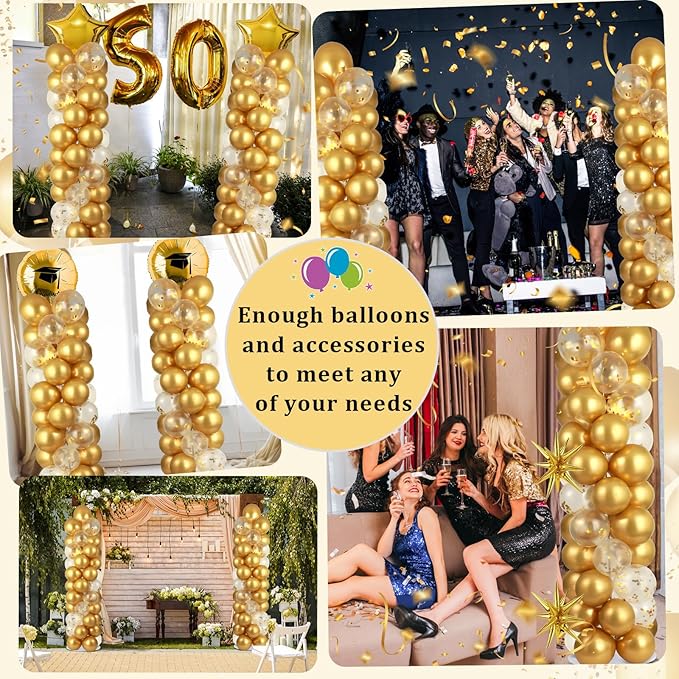2 Sets Metallic Gold Balloon Column Stand Kit with 100 Balloons Adjustable Balloon Tower Stand with Bases for Floor Gold Confetti Balloons Column Kit for Shower Birthday Wedding Back to School Party