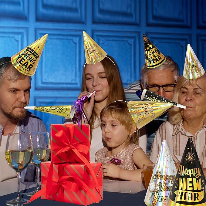 Fancy Land New Years Eve Party Supplies for 25 Guests 2026 75 Pcs NYE Party Supplies Gold Silver NYE Hats Glitter Tiaras Decorations Noise Makers Paper Masks Favors Kits