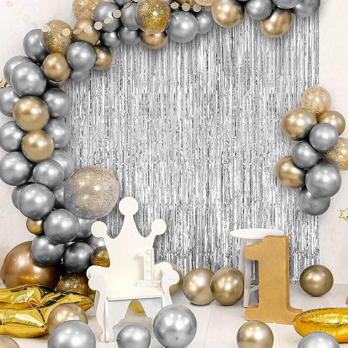 2 Pack Fringe Curtains Backdrops, Foil Fringe Curtains, Door Streamers for Birthday Wedding Bridal Shower Holiday Graduation Party Decorations, Photo Booth Backdrops, Silver