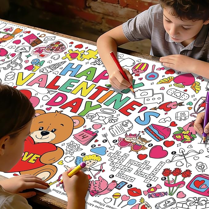 Valentine's Day Activity Poster - Large 31.5x72 Inch Coloring Table Cover for Holiday Party, School Classroom Decor, Crafts & Family Fun