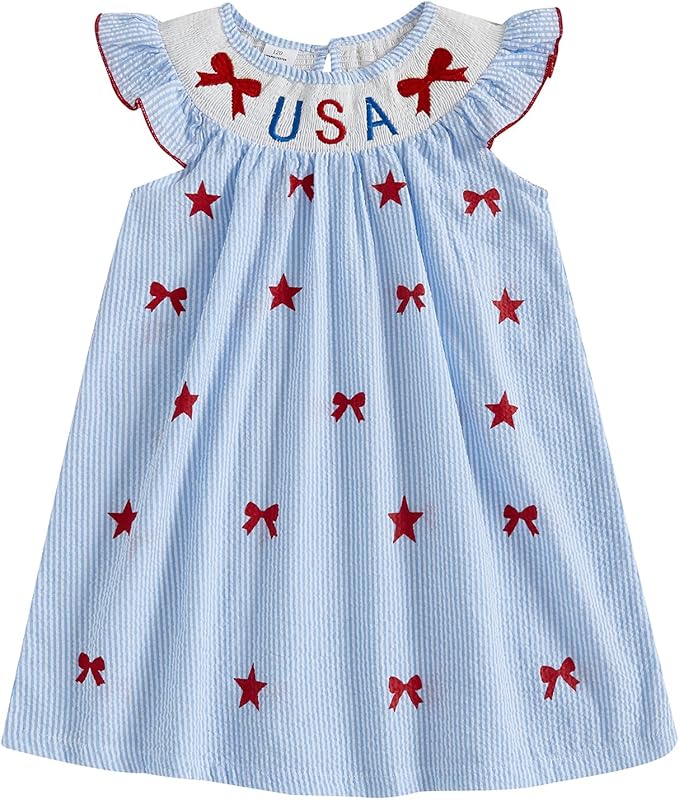 MoZiKQin 4th of July Baby Girl Outfit Toddler USA Dress Ruffle Sleeve American Flag Smocked Dresses Fourth of July Outfit
