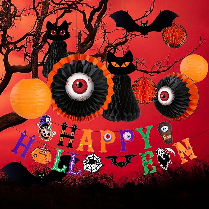 UNIQOOO Halloween Paper Lantern Decorations Set, 11 Pieces with Black Cat, Eyeball, Bat Designs and Banner, Indoor Party Props, 6"-12"