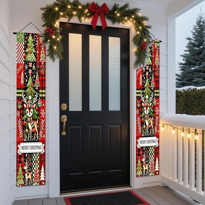 Nuxovilar Christmas Decorations Outdoor Yard Front Porch Sign Set, Red Black Plaid Christmas Tree Reindeer Door Banners for Front Door, Hanging Xmas Decor for Home Indoor Outdoor Wall Yard